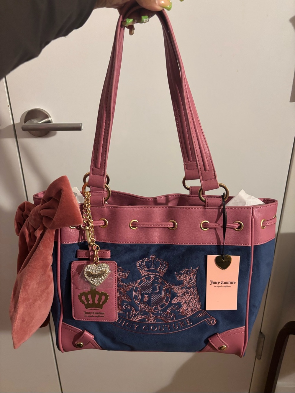 Juicy Couture Scottie dogs Pink & Navy Tote Bag color is regal blue/chateau - Picture 2 of 11